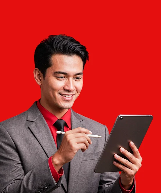 <p>Transaksi Bisnis Dengan <i style="color: red;">Praktis dan Aman</i></p>
